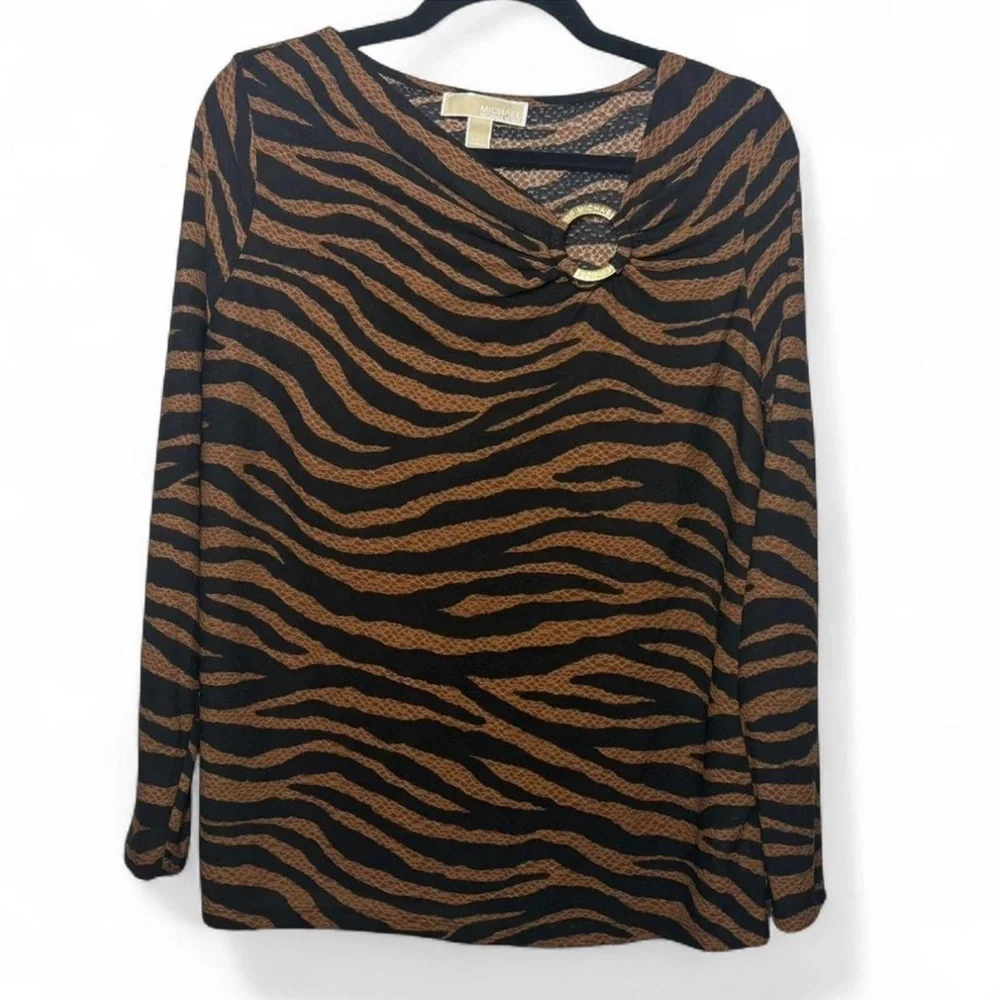 Michael Kors Animal Print Blouse L Brown Black Gold Ring Y2K Chic